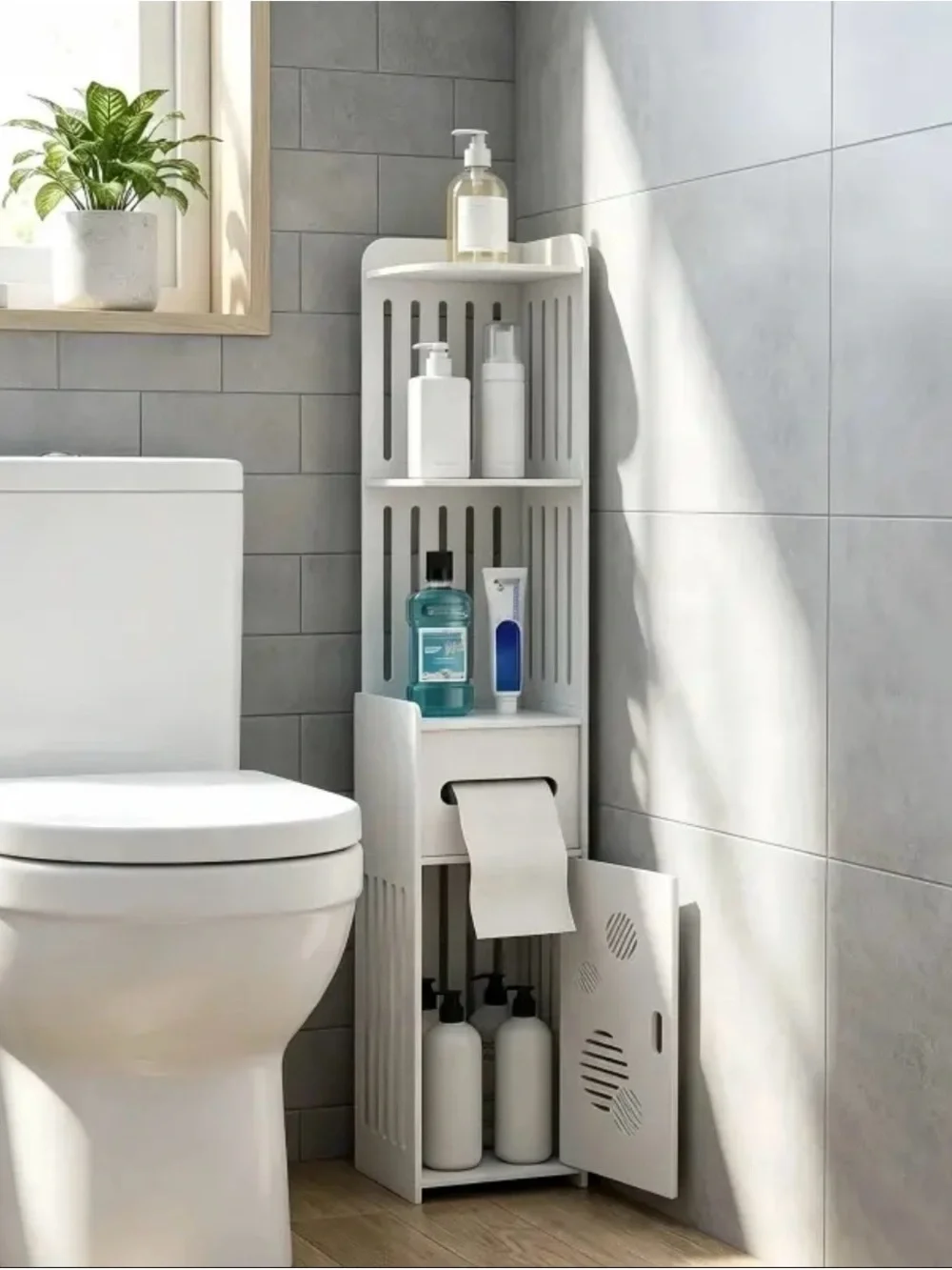 Slim White Bathroom Storage Tower with Shelves and Drawer - White